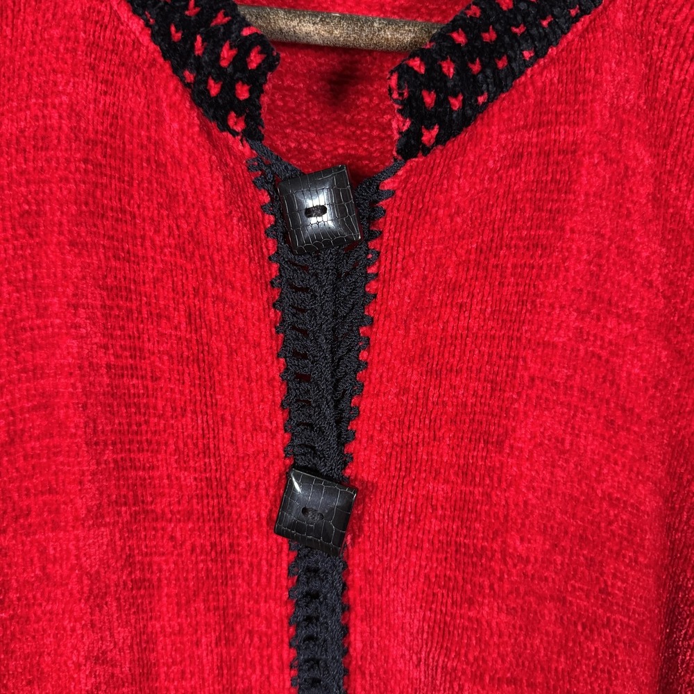 Vintage Ani Barrie Chenille Cardigan‎ Red Black Toggle Closure Made USA Large - Picture 3 of 10